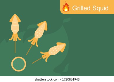 Grilled squid flat vector illustration on a green flame background