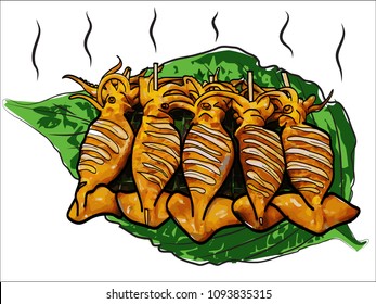 Grilled squid hot five piece on green vegetables.illustration vector