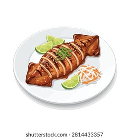 Grilled squid with lime and salad on white plate