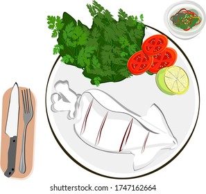 Grilled squid on a plate with vegetables and tomatoes, lemons and sauces and knives and forks