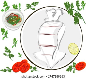 Grilled squid on a plate with vegetables and tomatoes, lemons and sauces and knives and forks