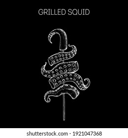 Grilled squid. Street food. Vintage hand drawn sketch. Chinese food. Vector illustration.