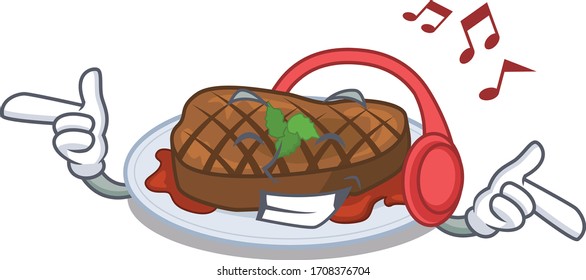 Grilled steak Cartoon design concept listening music