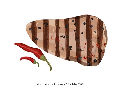 Grilled steak with chili pepper. White background. Vector illustration.