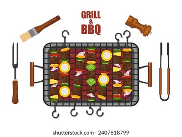 Ilustración vectorial de cocina a la parrilla BBQ en una parrilla de carbón caliente con utensilios de cocina. Vista superior. Aislado sobre un fondo blanco. Para elementos en el diseño de menús de comida.
