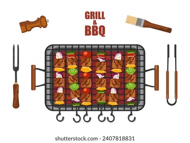 Grilled steak cooking vector illustration BBQ on a hot charcoal grill With kitchen utensils. Top view. Isolated on a white background. For elements in designing food menus.
