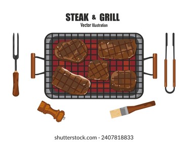 Grilled steak cooking vector illustration Meat on a charcoal grill With kitchen utensils. Top view. Isolated on a white background. For elements in designing food menus.