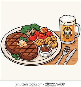Grilled Steak Dinner Vector Illustration, BBQ Steak Meal with Beer Clipart, Food Graphic