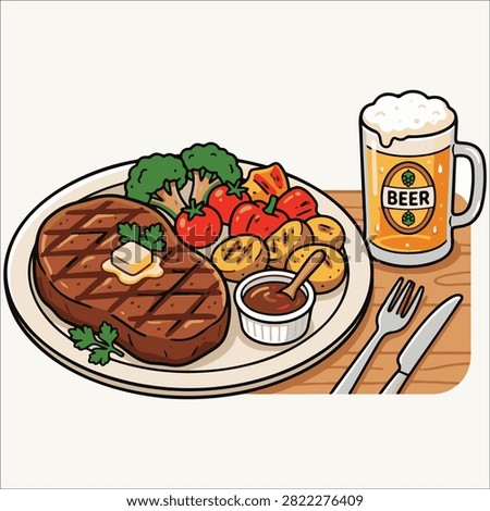 Grilled Steak Dinner Vector Illustration, BBQ Steak Meal with Beer Clipart, Food Graphic
