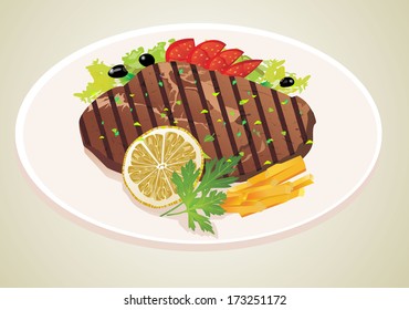 Grilled steak, French fries and vegetables