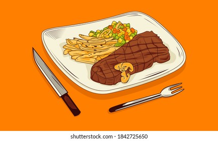 Grilled steak with fries served on a white and plate isolated on an orange background