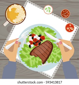 Grilled steak and glass of beer. Top view Vector illustration eps 10
