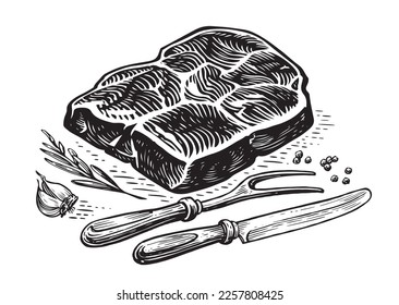 Grilled steak with knife and fork. Cooking beef, barbecue. Meat dish preparation. Sketch hand drawn vector illustration