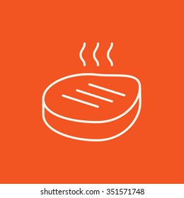 Grilled steak line icon for web, mobile and infographics. Vector white icon isolated on red background.