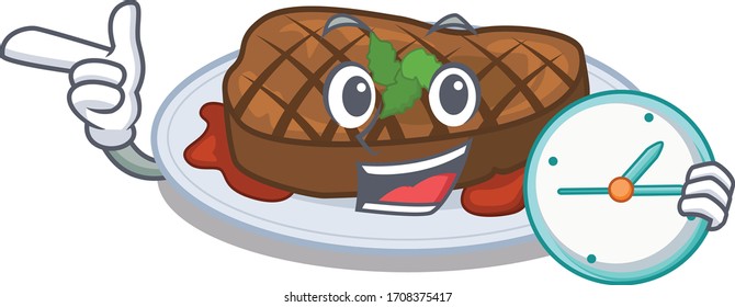 Concepto de diseño de mascota de filete a la parrilla sonriente con reloj