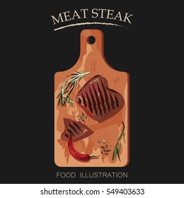 Grilled steak meat with salad and pepper. Barbecue vector illustrator isolated on black background. Kitchen outdoor design.