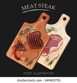 Grilled steak meat with salad and pepper. Barbecue vector illustrator isolated on black background. Kitchen outdoor design.