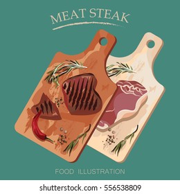 Grilled steak meat with salad and pepper. Barbecue vector illustrator isolated on green background. Kitchen outdoor design.