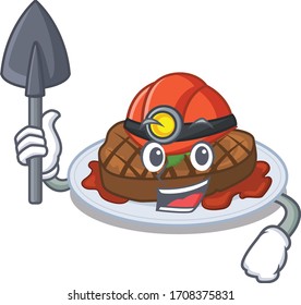 Grilled steak miner cartoon design concept with tool and helmet