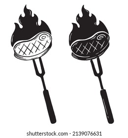 Grilled steak on a fork, Hand drawn Doodle illustration.