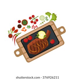 Grilled Steak on Plate. Flat Vector Illustration