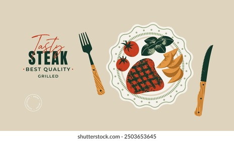 Grilled steak on a plate with potatoes and basil with tomatoes. Food design template