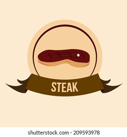 a grilled steak on a round icon and a ribbon with text