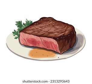 Grilled steak and pork on gourmet plate icon isolated