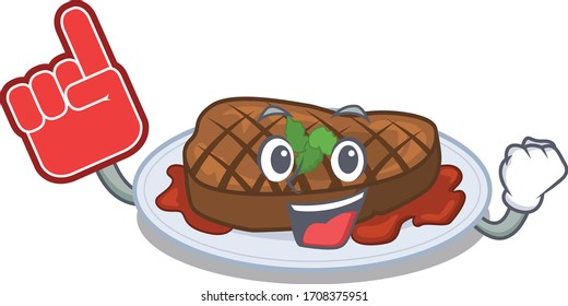 Grilled steak presented in cartoon character design with Foam finger
