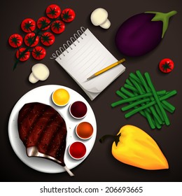 Grilled steak rib-eye and vegetables for a delicious dish and a notebook for recipes. Place for your text. Vector illustration.