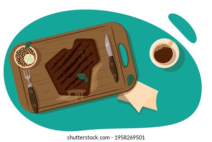 Grilled steak, served on a board with herbal sauce.Vector.Illustration
