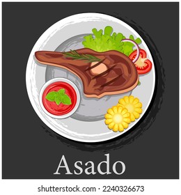 Grilled steak. There is a piece of fried meat on the plate, with vegetables and herbs. Asado. Latin American cuisine, Argentine national cuisine. Latin American cuisine.