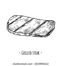 Grilled steak. Vector illustration. Isolated object on white. Hand-drawn style.