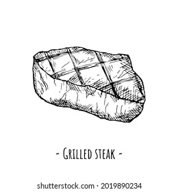 Grilled steak. Vector illustration. Isolated object on white. Hand-drawn style.