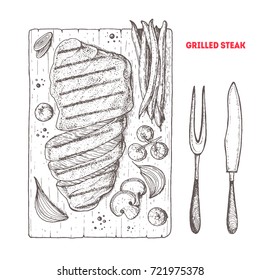 Grilled Steak Vector Sketch. Meat Dish Illustration. Barbecue Meat And Vegetables.