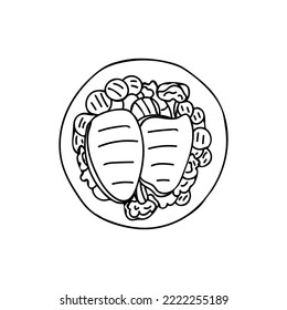 Grilled steak with vegetables and fried potato on plate doodle illustration in vector. Grilled steak with vegetables hand drawn illustration