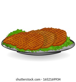gegrillte Steaks einzeln auf weißem Hintergrund. Vektorillustration-Illustration von gebratenen Steaks mit grünem Salat auf einem schwarzen Teller. Herkömmliche Vektorillustration des Festtagsessens.
