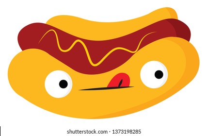 A grilled or steamed link-sausage sandwich with bulging eyes and face with stuck out tongue vector color drawing or illustration 