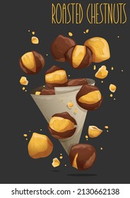 Grilled sweet whole chestnuts in a paper bag. Vector illustration