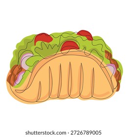 Gegrilltes Taco, Doodle-Stil, Vektorgrafik. Farbige Kontur doodle Illustration von großen gegrillten Taco mit Grüns, Gemüse und Fleischstücke. Ideal für Fast-Food-Werbung und Banner-Design.