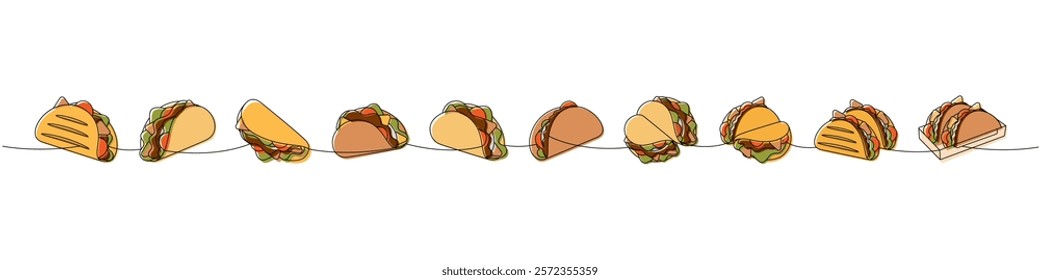 Grilled tacos one line colored continuous drawing. Tacos with meat, vegetable and tortilla. Vector linear illustration.