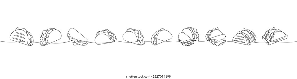 Tacos grelhados um desenho contínuo de linha. Tacos com carne, legumes e tortilhas. Ilustração linear de vetor.