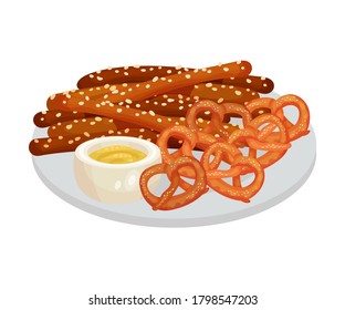 Grilled Thin Sausages or Wiener with Salted Pretzel Rested on Plate as Festive Food for Oktoberfest Celebration Vector Illustration