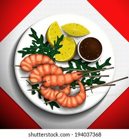 Grilled tiger prawns with lemon and arugula on white plate.