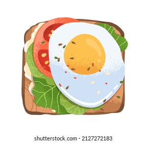 Grilled toast with fried egg, tomato slice, lettuce leaf and cream cheese on bread. Sandwich top view. Healthy snack, breakfast food. Flat graphic vector illustration isolated on white background