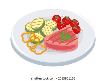 Roter Thunfisch, Zucchini, Kirschtomaten auf einem Ast, gelbe Glocke auf einem Teller. Gesunde Lebensmittel, Fisch, Gemüse. Delikatesse, Yummy.
Vektorgrafik zur Lebensmittelherstellung einzeln, Cartoon, Symbol