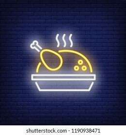 Grilled turkey neon icon. Steam, meat, dinner. Thanksgiving concept. Vector illustration can be used for street wall signs, billboards, restaurants, autumn menu