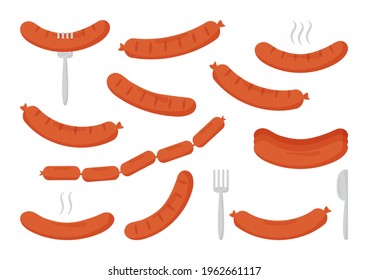 Grilled vector sausages icon, barbecue, party bbq. Food illustration isolated on white backgrond.