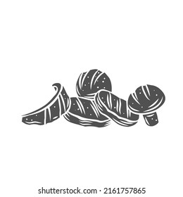 Grilled vegetables heap silhouette glyph icon, engraved monochrome illustration. Grilled eggplant, peppers, champignon, zucchini and tomato.