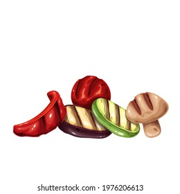 Grilled vegetables heap. Vector illustration of grilled eggplant, peppers, champignon, zucchini and tomato.